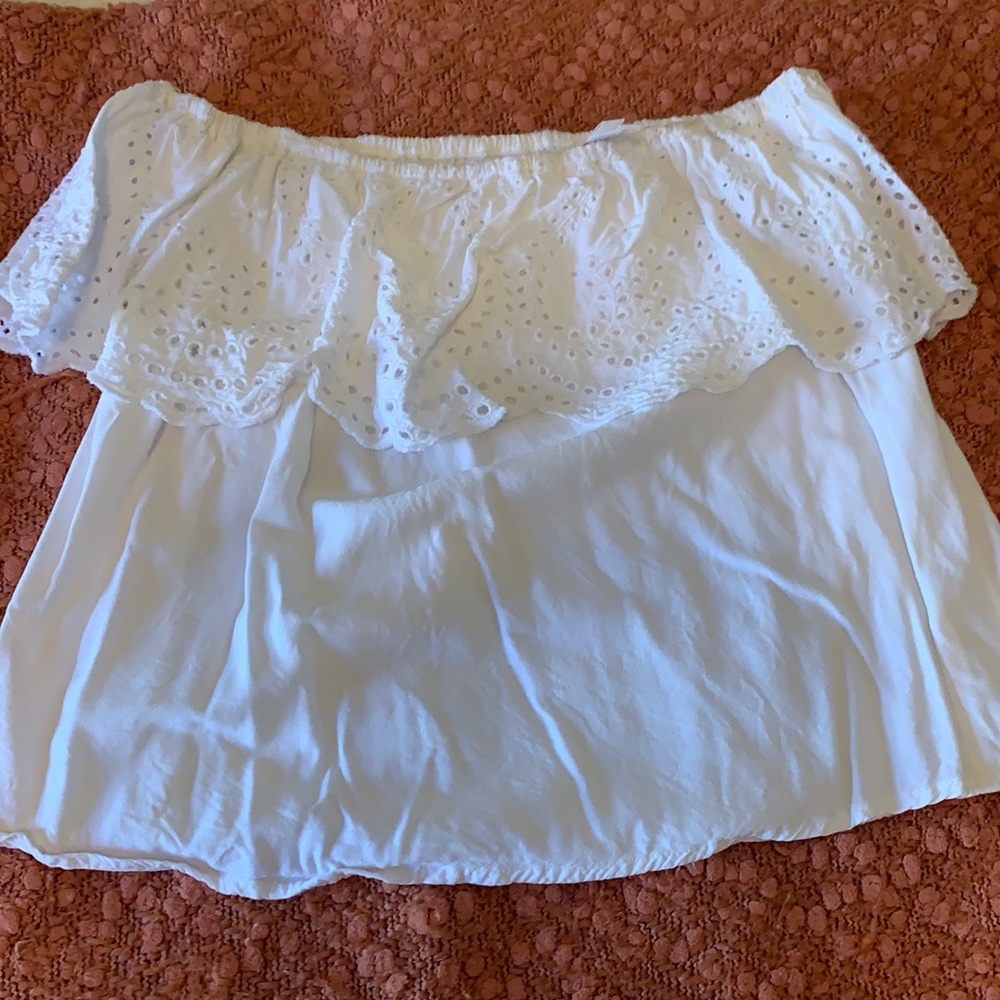 White eyelet off the shoulder top